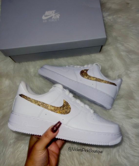 Nike Air Force 1 With Gold Swarovski Crystals Women's Bling Custom Sneakers