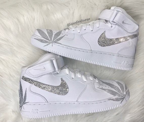 Youth Custom Nike Air Force One Custom Sneakers Encrusted with Swarovski Crystals And Marijuana leaf accents- Gift ideas