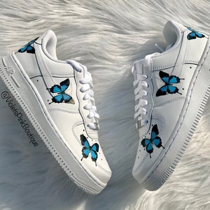 Custom Nike Air Force One Blue Butterflies Women&#39;s Custom Butterfly Sneakers- Gift Ideas