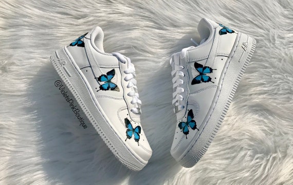 Custom Nike Air Force 1s Blue Butterflies Women's Custom Butterfly Sneakers- Gift Ideas