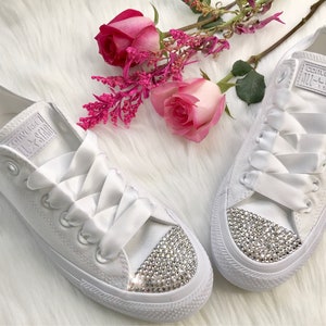 Bedazzled Wedding Converse With Swarovski Crystals women&#39;s custom chucks with white satin ribbon laces