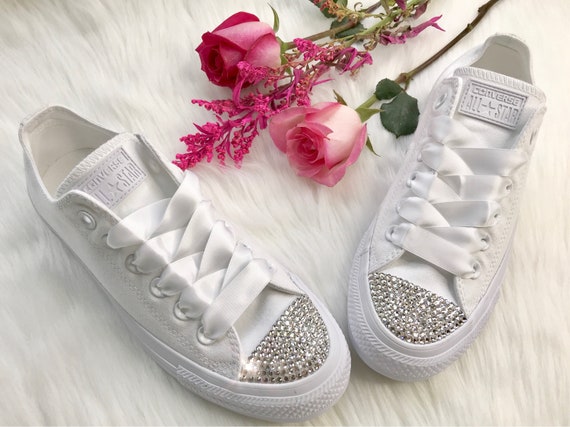 Bedazzled Wedding Converse With Swarovski Crystals women's custom chucks with white satin ribbon laces