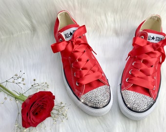 Swarovski CONVERSE Bling Women's Red Chucks Sneakers With Satin Ribbon Laces