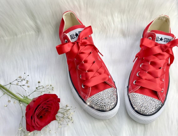 Swarovski CONVERSE Bling Women's Red Chucks Sneakers With Satin Ribbon Laces