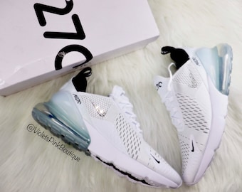 Baskets Swarovski homme Nike Air Max 270 blanches avec diamants Swarovski Idées cadeaux Chaussures de mariage pour homme Chaussures personnalisées pour lui