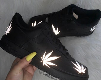 Men’s Custom Nike Air Force One Custom Sneakers With Reflective Marijuana leaf accents Black Air Force One 420
