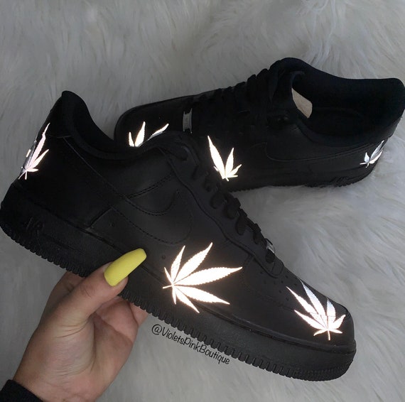 Men’s Custom Nike Air Force One Custom Sneakers With Reflective Marijuana leaf accents Black Air Force One 420