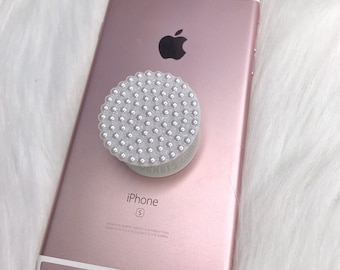 White Pearls Pop Socket Cell Phone Grip - Bling Cell Phone Stand Custom Handmade Phone Accessories On Sale Gift Ideas