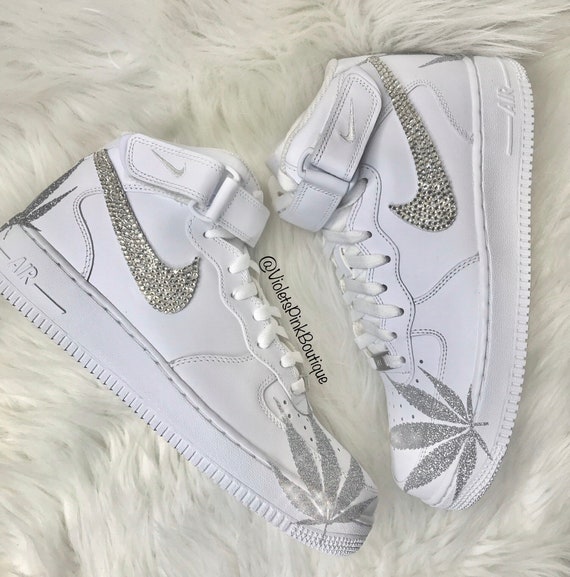 Custom Nike Air Force 1 Custom Sneakers with Swarovski Crystals And Marijuana/ Weed leaf accents