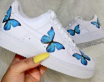 Custom Nike Air Force 1s Blue Butterflies Women's White Custom Butterfly Sneakers