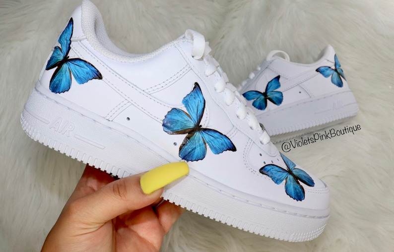 Custom Nike Air Force 1s Blue Butterflies Women's White Custom Butterfly Sneakers 