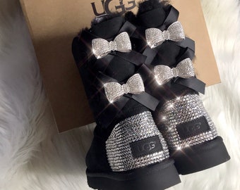 Women's Bling Ugg Swarovski Crystals Custom Bailey Bow Ugg Boots With Crystal Bows