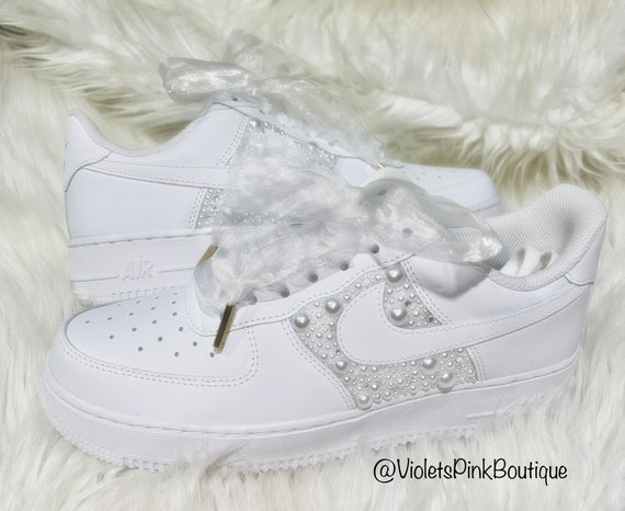 White Pearl & Swarovski Nike Air Force 1 With  Women's  Custom Wedding Sneakers