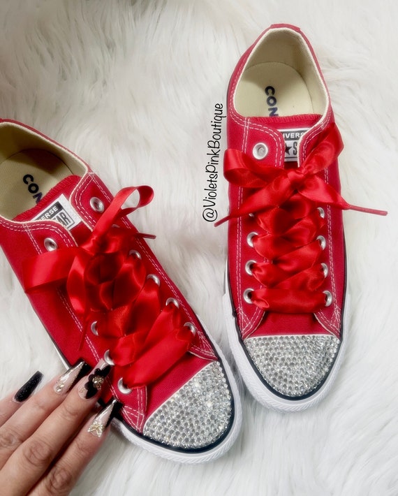 Bling Women's Red Converse With Satin Ribbon Laces