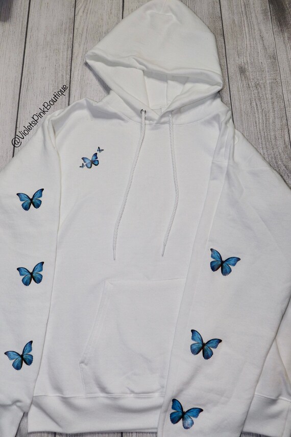 White sweatshirt with blue butterfly hot sale