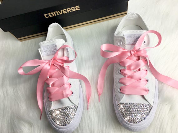 white converse with ribbon laces