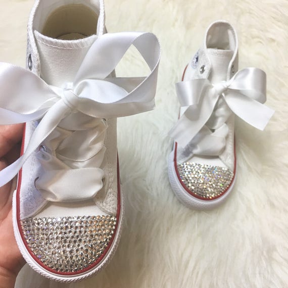 Baby Bling Shoes Toddler High Top White Converse Customized With Swarovski Diamond Crystals Sneakers For Baby And Toddlers- Gift ideas