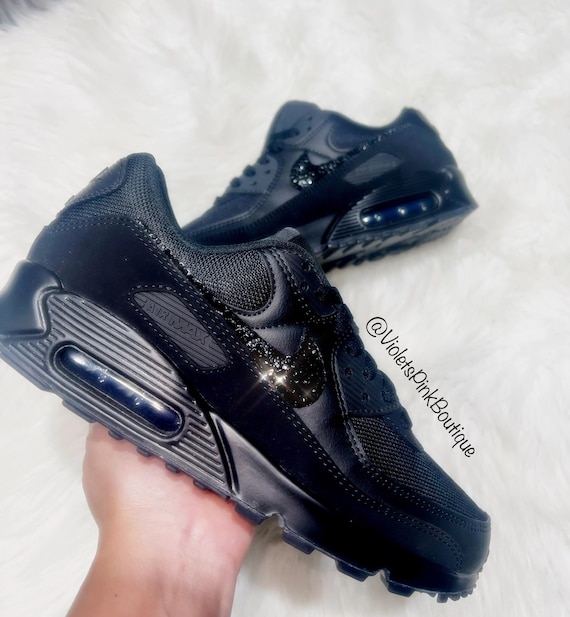 Nike Custom Shoes  Men's Swarovski Black Nike Air Max 90 Sneakers Gift Ideas For Him