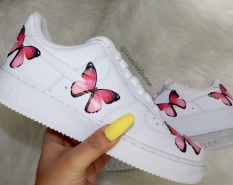 Custom Nike Air Force 1 Pink Butterflies Women's White Custom Sneakers- Gift Ideas