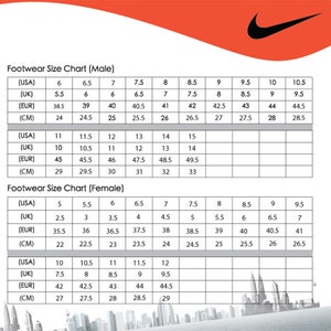 May include: A footwear size chart for male and female sizes, with conversions for USA, UK, EUR, and CM measurements. The chart includes sizes from 5 to 15 for men and 2.5 to 12 for women. The Nike logo is in the top right corner.