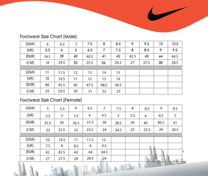 May include: A footwear size chart for male and female sizes, with conversions for USA, UK, EUR, and CM measurements. The chart includes sizes from 5 to 15 for men and 2.5 to 12 for women. The Nike logo is in the top right corner.