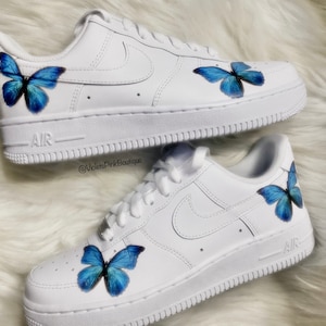 Men’s Custom Nike Air Force 1s Blue Butterflies White Custom Butterfly Sneakers