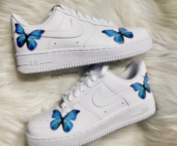 Men’s Custom Nike Air Force 1s Blue Butterflies White Custom Butterfly Sneakers