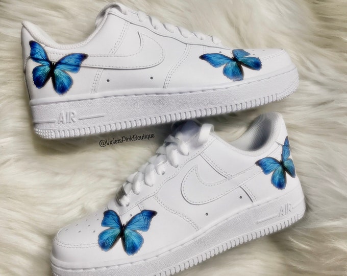 Men’s Custom Nike Air Force 1s Blue Butterflies White Custom Butterfly Sneakers