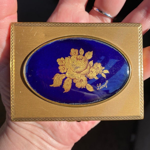 Gorgeous Vintage 1950s French PATRYS Limoges Enamel Gold Plated Powder Compact Case with Mirror - Blue & Gold Retro Floral Motif