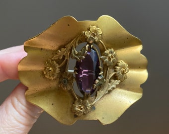 Edwardian Early 1900s Vintage Victorian Large Sash Brooch with Faceted Amethyst Glass Art Nouveau Renaissance Ornate Floral Metalwork Pin