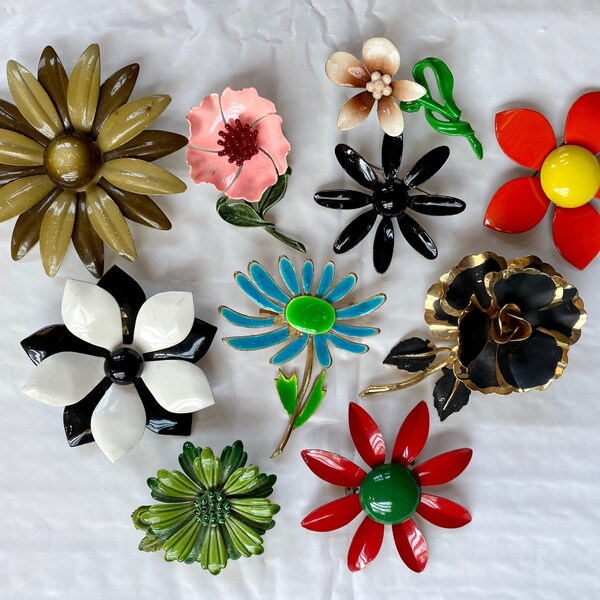 Mod Enamel Vintage Bold Flowers 1960’s Spring Metal Brooches Bright Hues Brooch Pin Floral Jewelry Flower Power Daisy Happy Summer