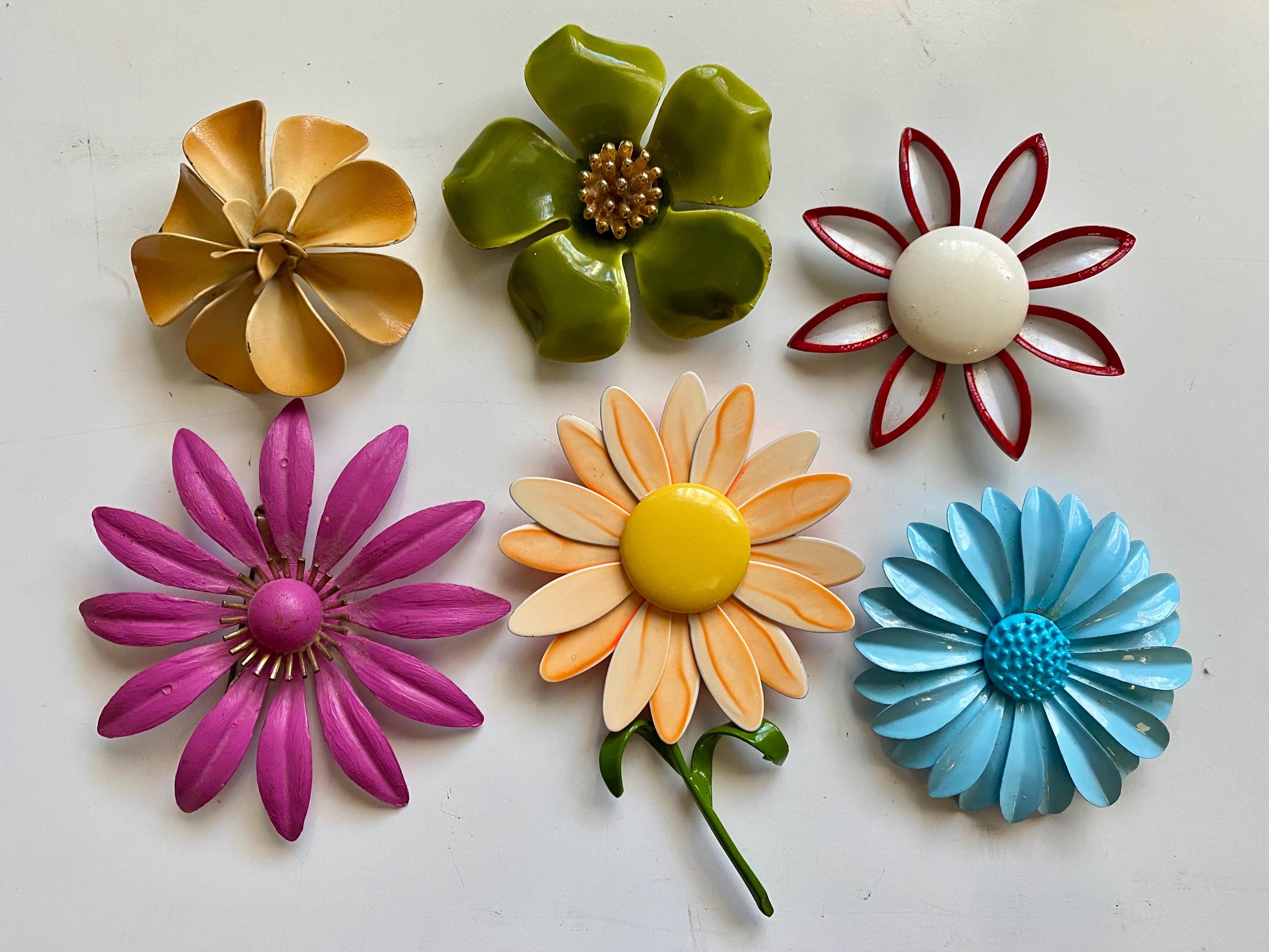 Vintage Brooch Enamel Flower Yellow White Large 1960s Mod