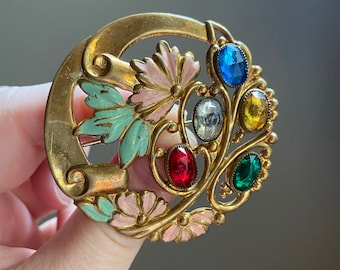 Stunning Art Nouveau Vintage Rhinestone & Gold Art Deco Enamel Flower Flowers Floral Brooch Sash Pin Antique Victorian Ornate Art Deco