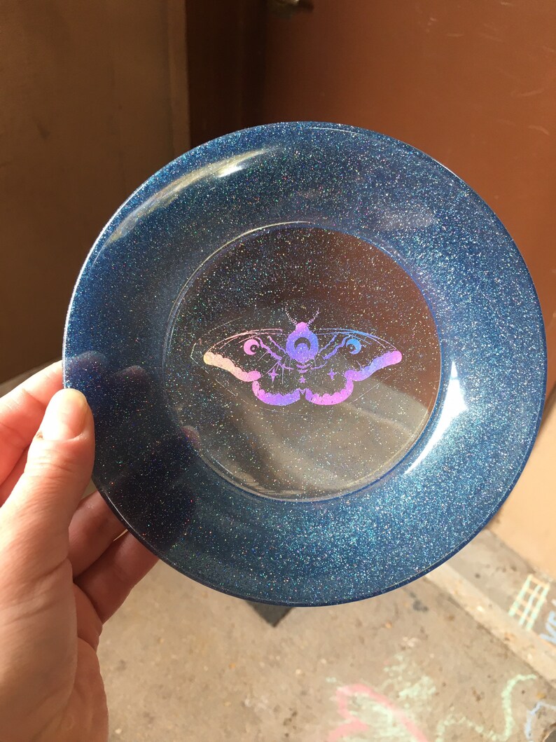 Light Blue /& Silver Glitter Holographic Luna Moth Resin Bowl Trinket Dish Tray Witchy Occult Moonchild Celestial Mysticism Goth Divination