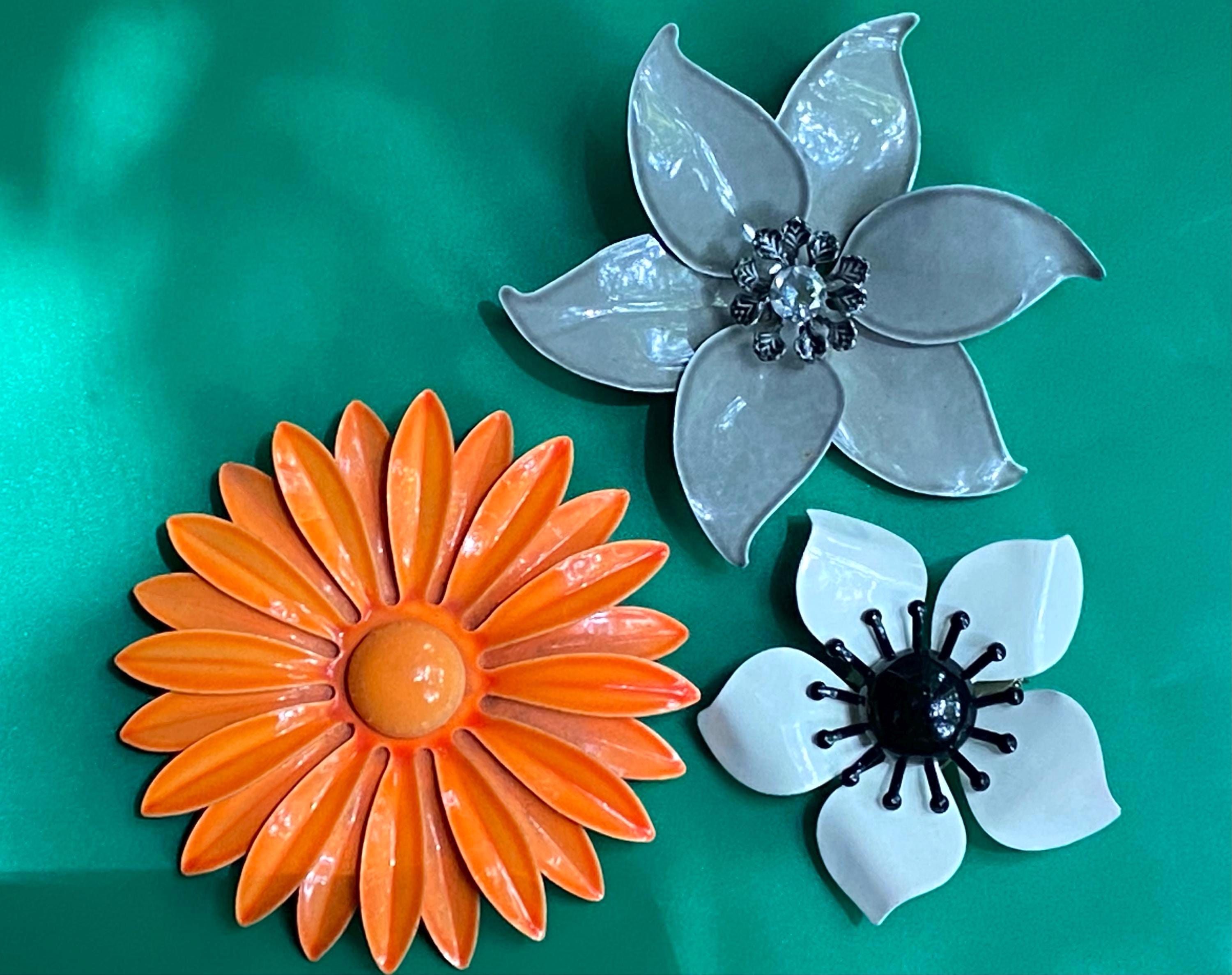 Mod Enamel Vintage Bold Summer Flowers 1960’s Metal Brooches Bright Orange Groovy Brooch Pin Floral Jewelry Feminist Dissent Flower Power