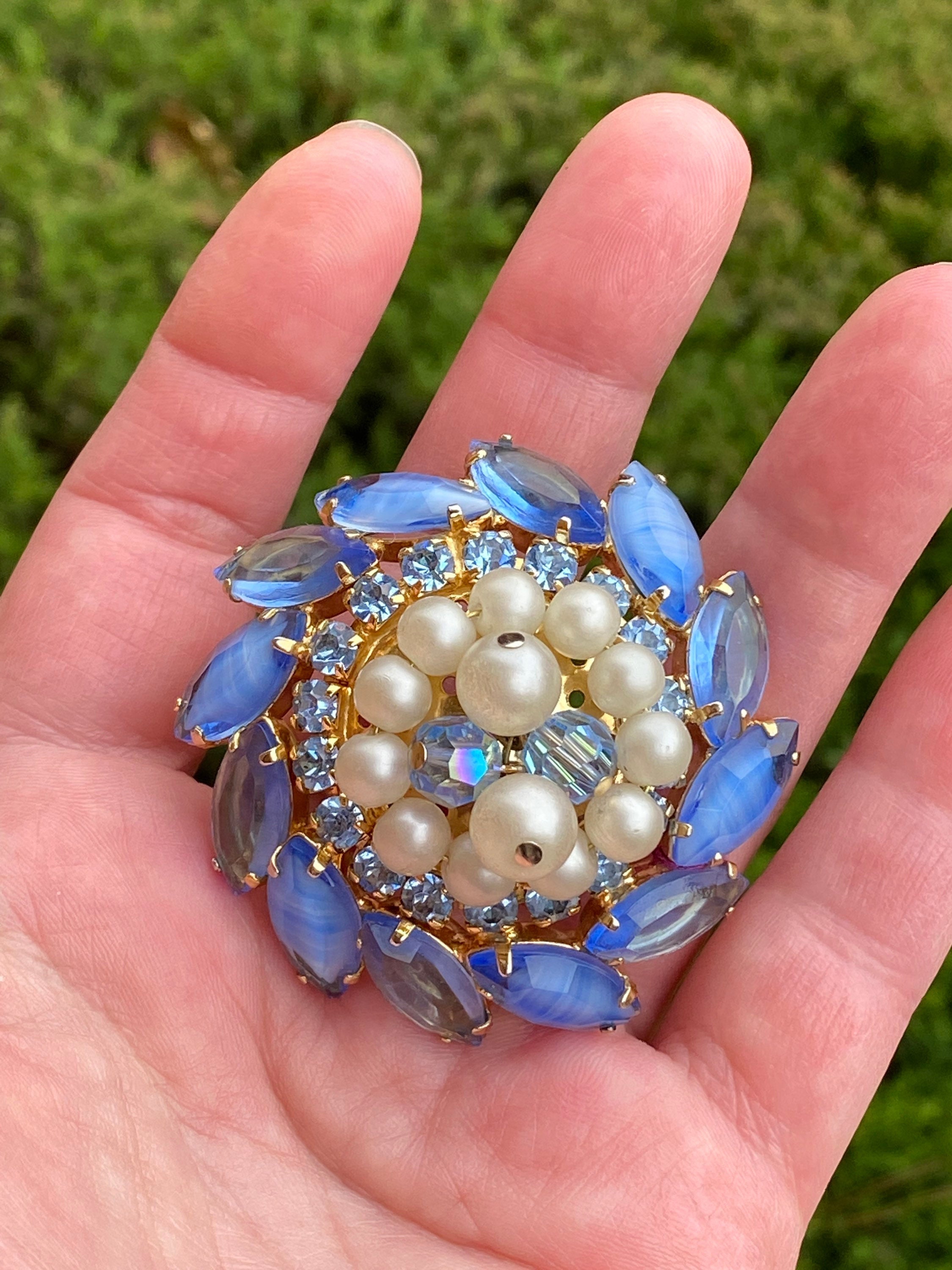 1950s Blue Glass & Gold Brooch - Etsy