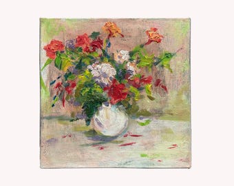 Original Oil Painting Floral Still Life, Colorful Flower Vase Painting, Flower Art, Textured Oil on Canvas Board, Small Original Wall Art