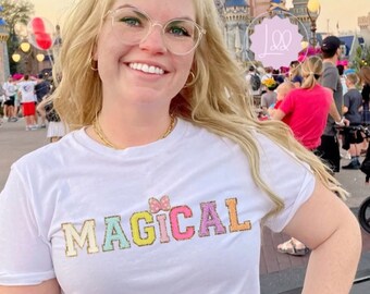 Plus Size XS-4X Magical Faux Chenille Patch Unisex T-shirt   Bow Faux Glitter Patch T-Shirts Trendy Vacation Tees  Happiest Place