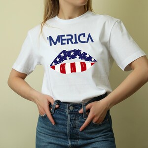 Merica Lips Unisex T-Shirt  July 4th Outfit Memorial Day Labor Day Shirts  Red White and Blue Family Matching