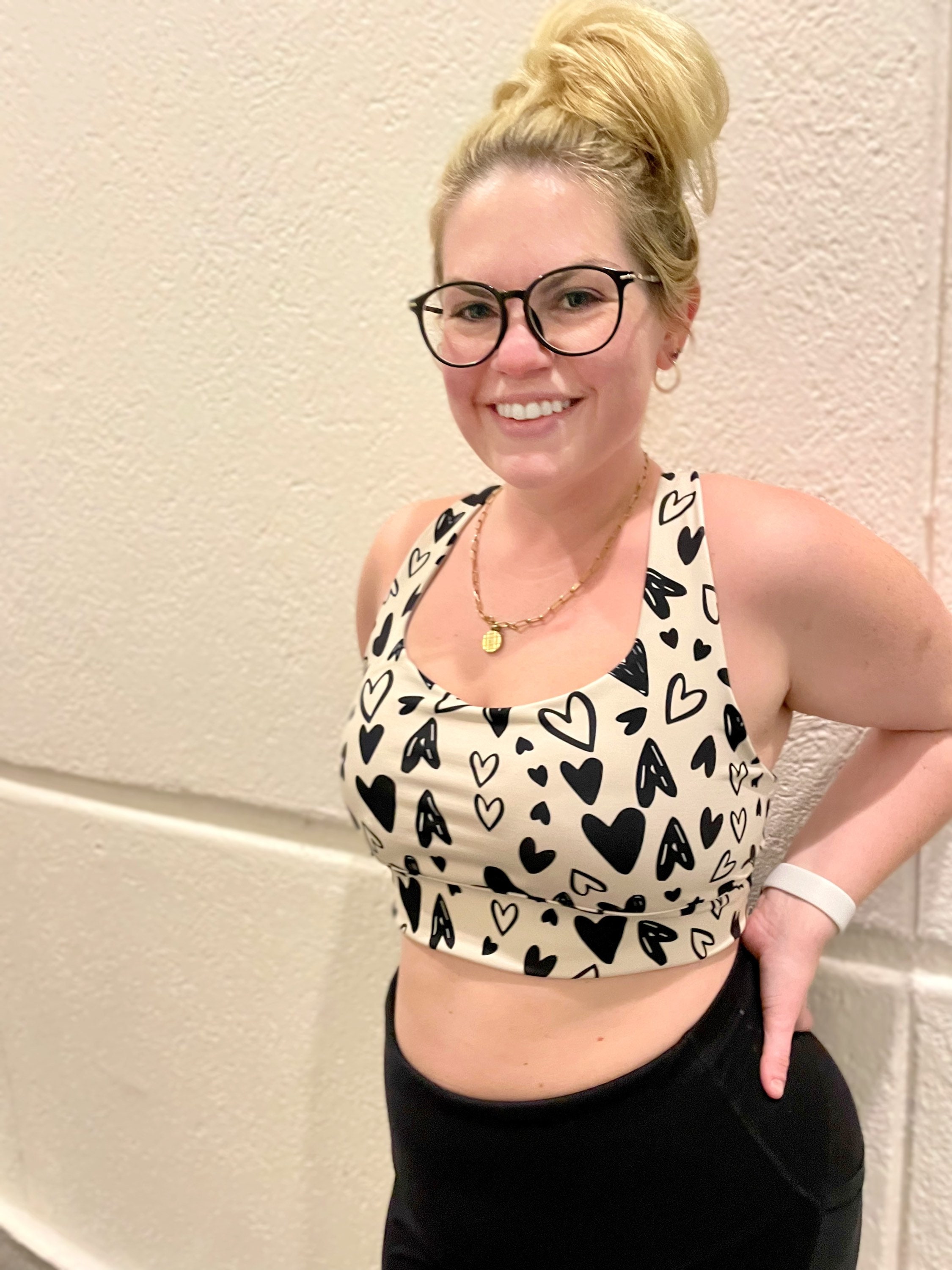 Neutral Black and Cream Hearts Women's Longline sports bra activewear for yoga, running, spinning