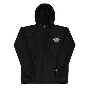 May include: Black hooded windbreaker jacket with a zipper closure and a white embroidered logo that says "LOCAL MILF".