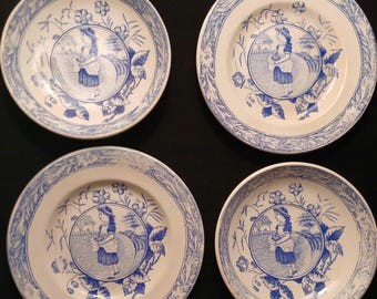 Antique Charles Allerton Blue May Child Tea Set - 2 Saucers & 2 Underplates - C. 1880s Good Condition