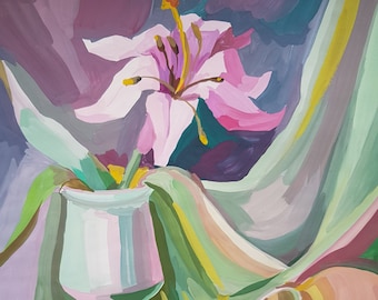 Original Gouache painting,Floral Fine Art,Still life Painting,Jug of flowers, vase with flowers,Home Decor,Wall Art, bouquet,pot, apple