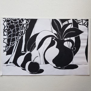 Vintage Original Aquarell, Stillleben in Schwarz, Apfel, Birne, Vase, Netzstoff, Poster für ein Kunstatelier, Poster für eine Zeichenstunde