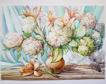 Peinture à l&#39;aquarelle florale d&#39;art Hortensia, lys orange, art floral - Décoration d&#39;intérieur aquarelle originale.