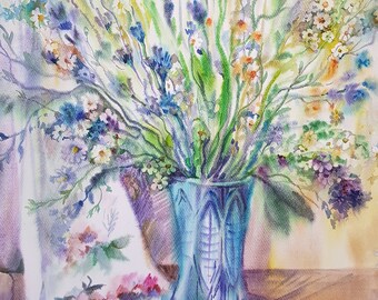 Peinture à l&#39;aquarelle florale Fine Art Fleurs sauvages Art floral - Décoration d&#39;intérieur aquarelle originale.