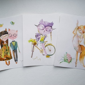 Set di 3 illustrazioni carine d'amore, gufo acquerello, VOLPE ROSSA, anno del maiale, fiori ad acquerello, arredamento per la camera dei bambini, biglietti di Capodanno, regalo, arredamento da parete