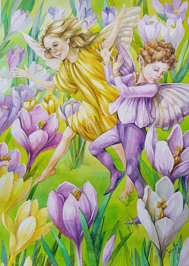 Original watercolor painting,crocuses,saffron,Botanical Nature  Artwork,signed picture,Home Decor,gift,fairies elves by Cicely Mary Barker  Art &amp; Collectibles Painting jan-takayama.com