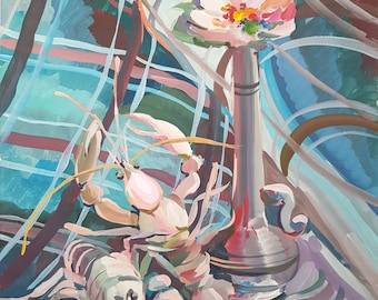 Original Gouache painting,Country Still Lifes with crayfish,Crawfish,Vase with flower,River water lily,River still life,Home decor,Wall Art