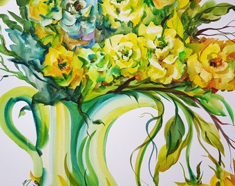 Original watercolor painting,yellow Rose,Rose Watercolor Art,bouquet in a vase,Floral Fine Art,Roses Flower Art,Home Decor,gift idea
